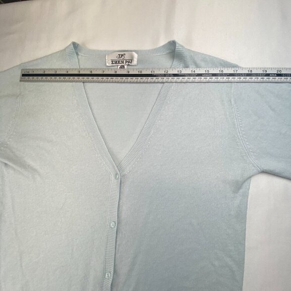 Italian Wool Cardigan Sweater Button Down Long Sleeves Deep V-Neck Light Blue - Picture 5 of 12